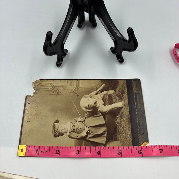 Antique Mounted Card Stock Black White Photo Child Boy Puppy 1800's Photograph - Picture 3 of 9